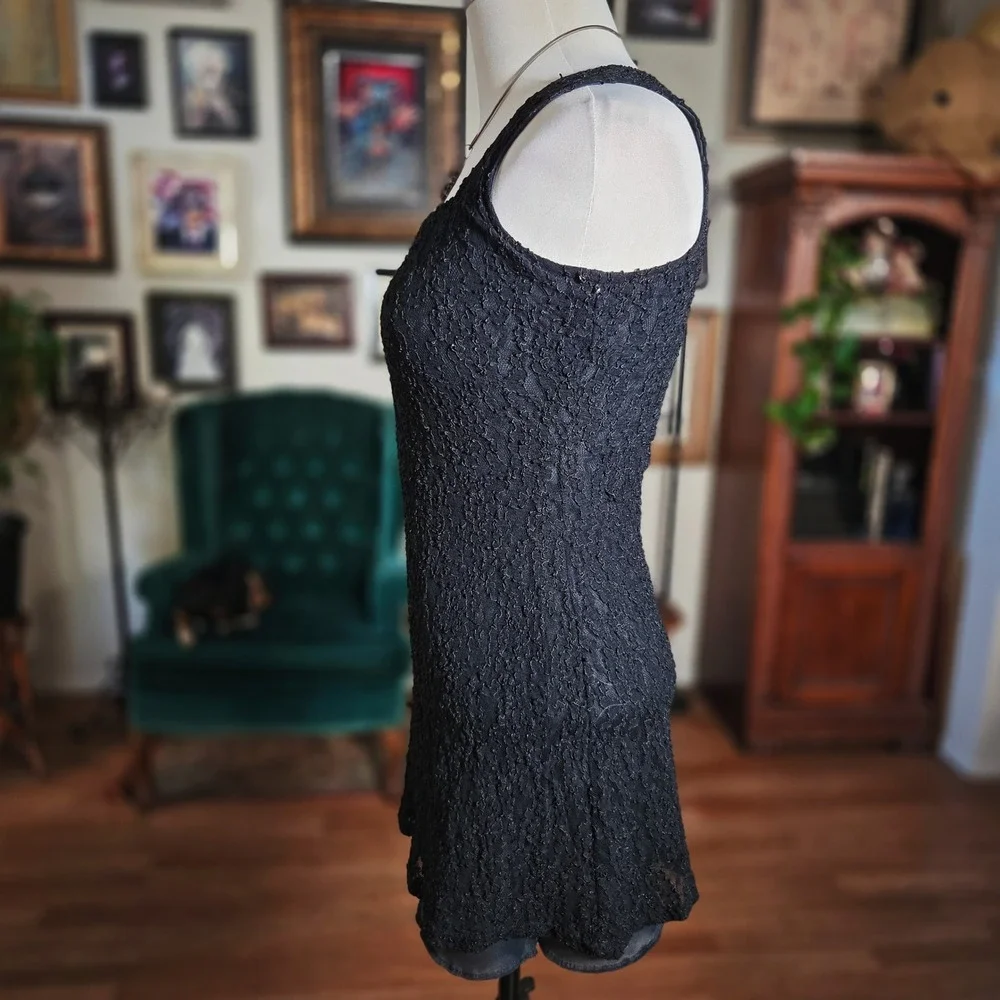 Vintage 80s Black Lace Square Neck Sleeveless‎ Mini Dress Flirty Party